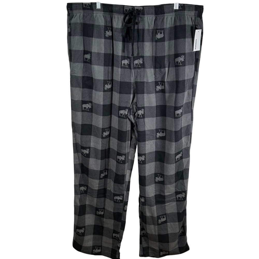 Sonoma Goods For Life Mens XXL Tall Grey Black Buffalo Plaid Moose Pajama Pants